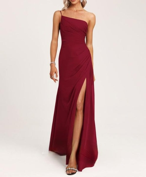 One Shoulder Cocktail Wear Maroon Draped Maxi Dress