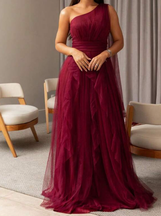 Maroon Maharani Net Six Frills Maxi Dress
