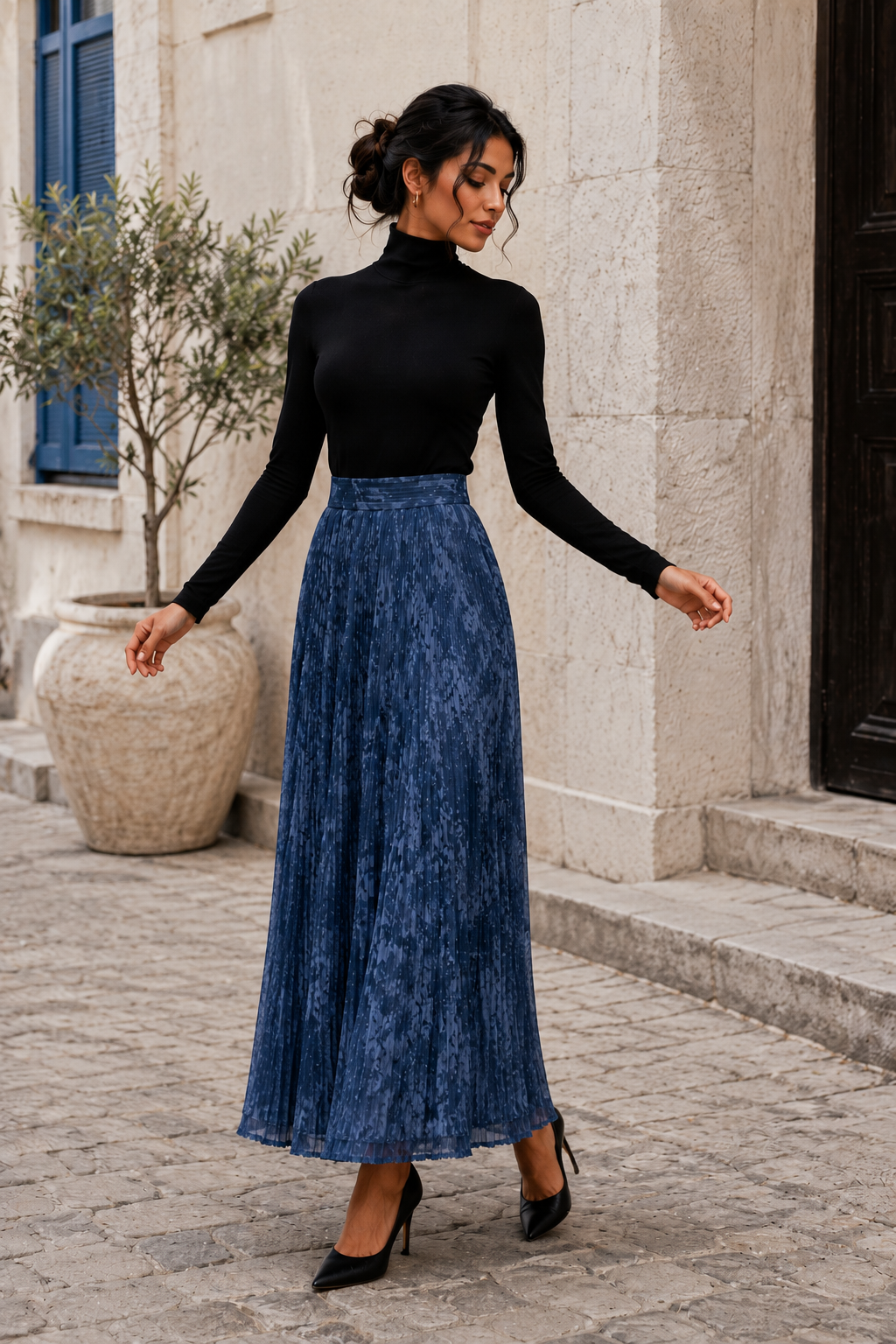 Midnight Blue Pleated Maxi Skirt