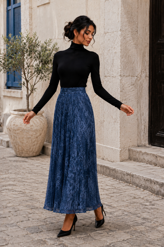 Midnight Blue Pleated Maxi Skirt