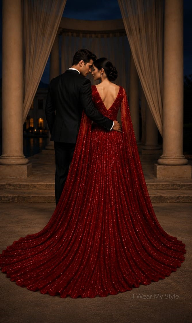Red Glitter Cape Sleeve Stunning Pre wedding /Occasion Wear Dress
