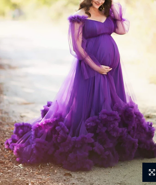 Purple Net Off Shoulder Maternity Gown for Photoshoots