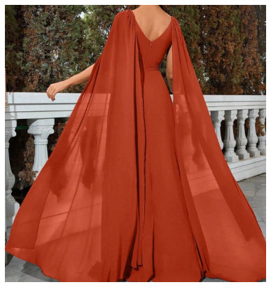 Rust Coloured Cape Sleeves Maxi Dress