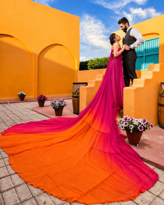 Pink and Orange Ombre Prewedding Mega trail Gown