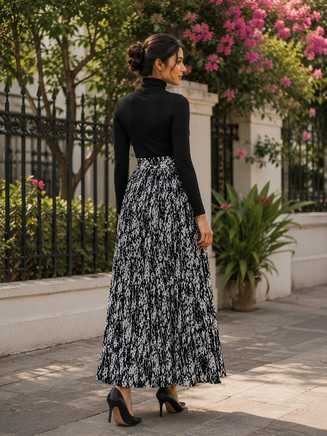 Elegant Monochrome Pleated Maxi Skirt Set