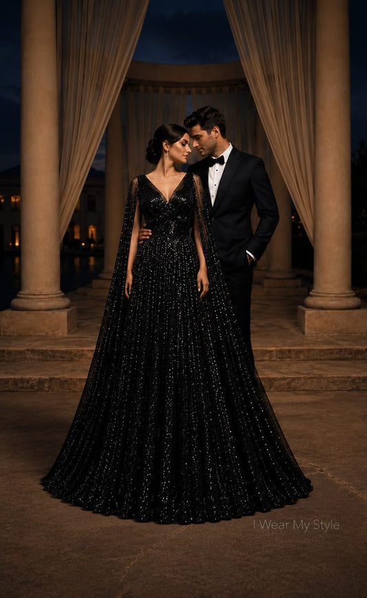 Black Glitter Cape Sleeve Pre wedding Ball Gown