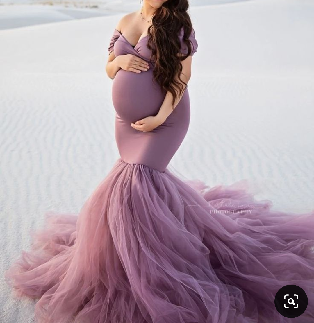 Opera Mauve Lycra and Net Photoshoot Maternity Dress