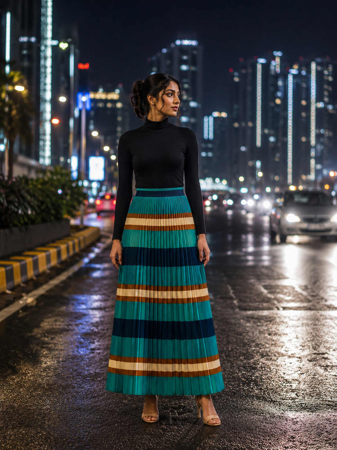 Teal multi-stripe pleated maxi skirt