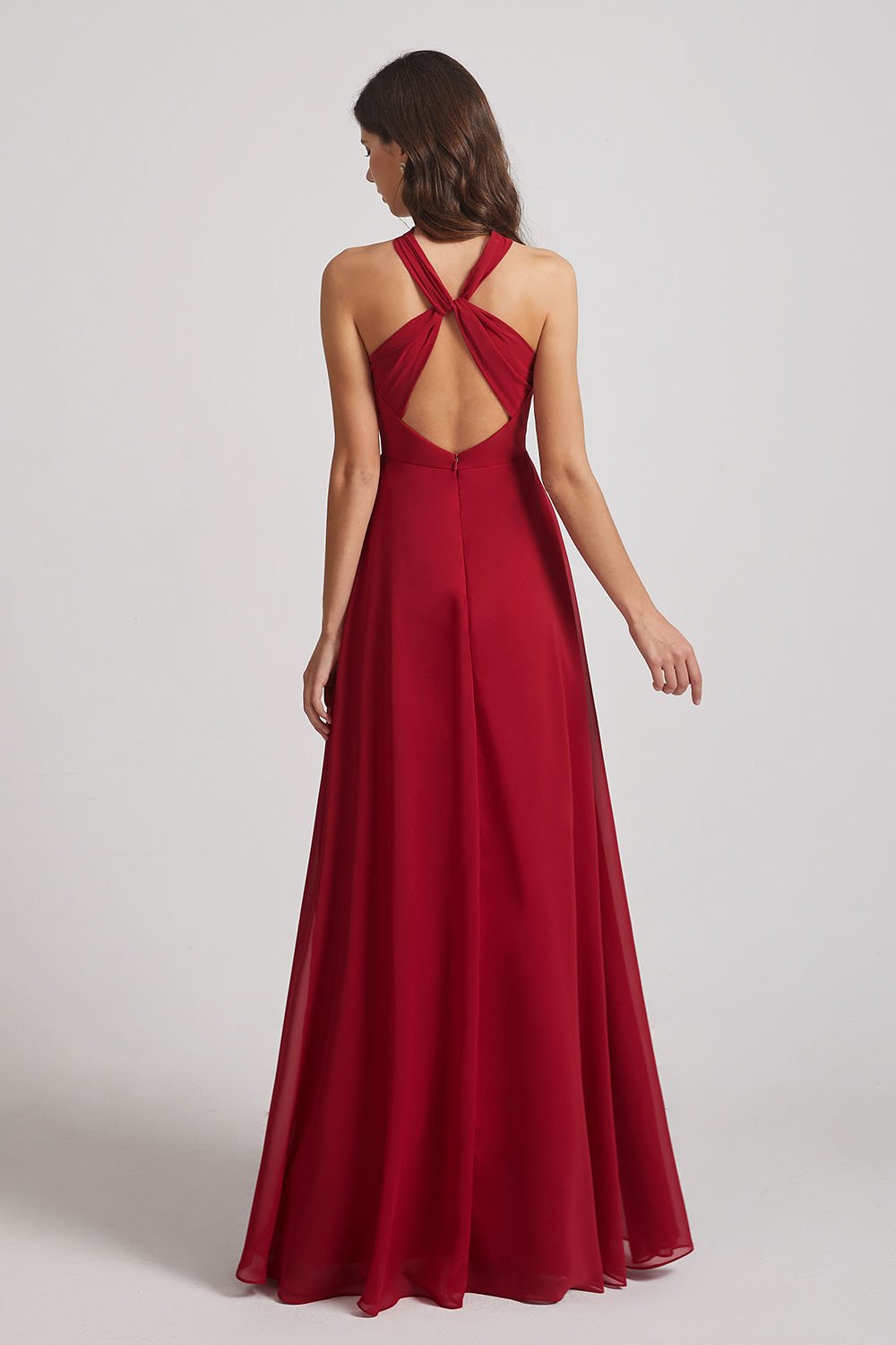 Maroon Red Cross Neck Backless Maxi Dress
