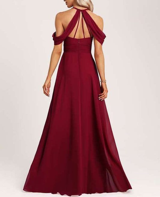 Maroon Cold Shoulder A-Line Halter Floor-Length Bridesmaid Dress