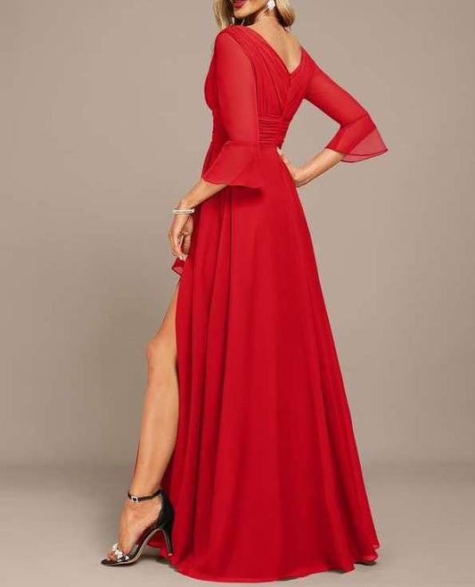 Red Draped V Neck Asymmetrical Georgette Maxi Dress