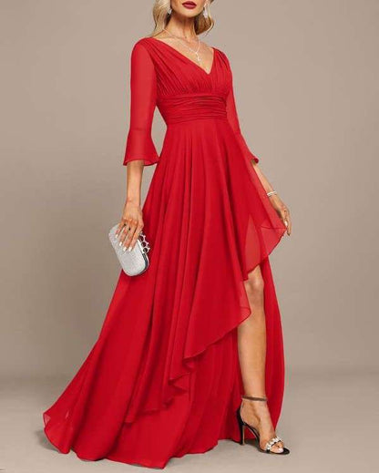 Red Draped V Neck Asymmetrical Georgette Maxi Dress