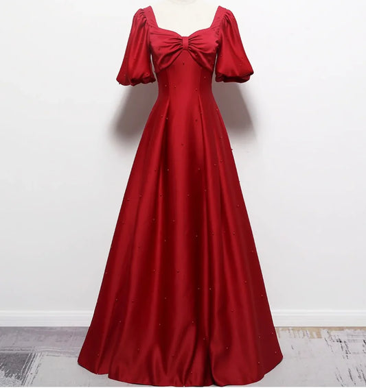 Milano Satin Cherry Red Balloon Sleeve Dress