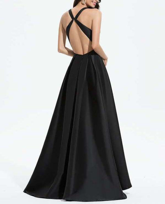 Black V-Neck with Ruffles Scuba Asymmetrical Evening Dress