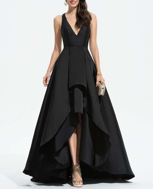 Black V-Neck with Ruffles Scuba Asymmetrical Evening Dress