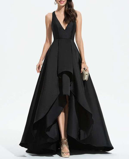 Black V-Neck with Ruffles Scuba Asymmetrical Evening Dress