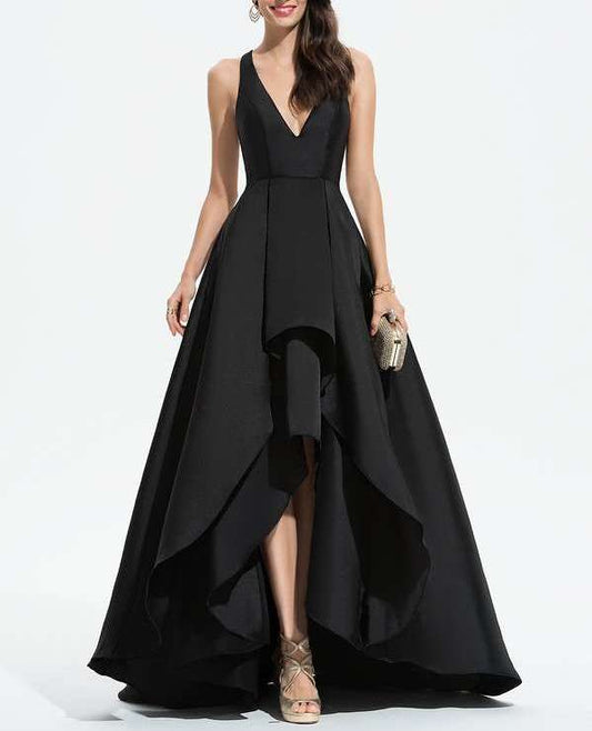 Black V-Neck with Ruffles Scuba Asymmetrical Evening Dress