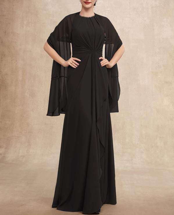 Black Scoop Neck Floor-Length Cascading Ruffles