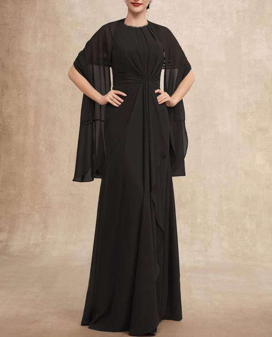 Black Scoop Neck Floor-Length Cascading Ruffles