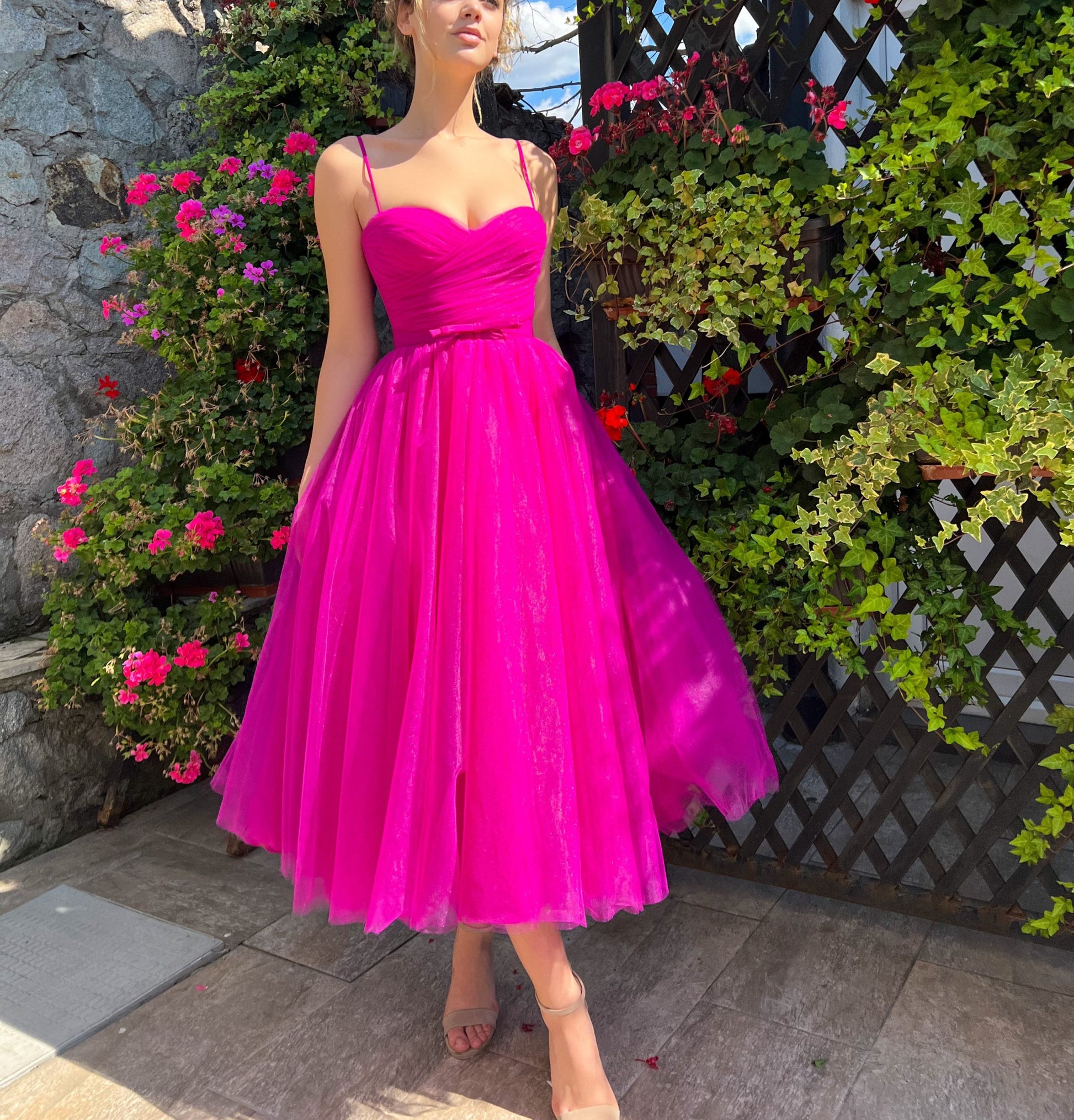 Fuchsia Pink Double Draped Net Midi Dress XS Pink