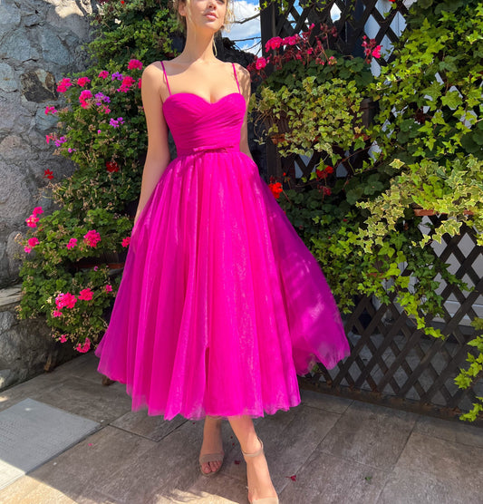 Fuchsia Pink Double Draped Net Midi Dress