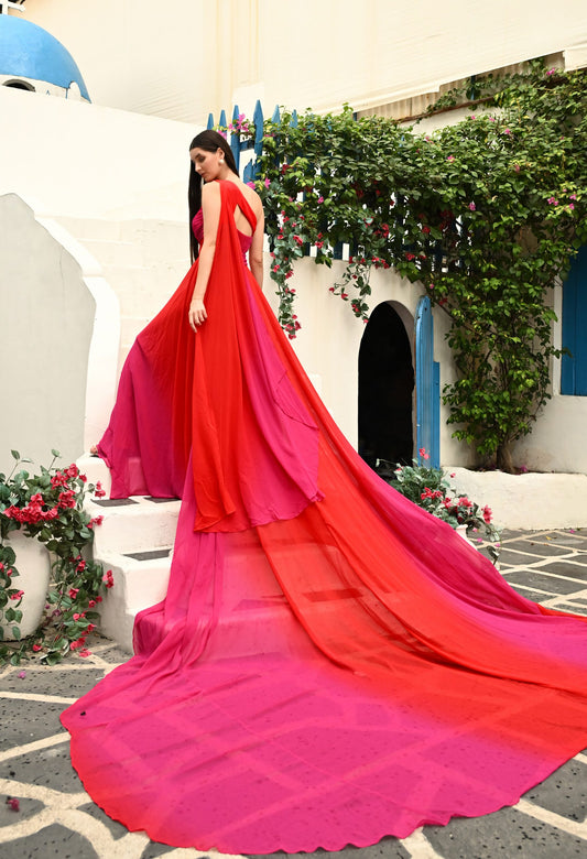 Red and Pink Ombre Prewedding Mega trail Gown