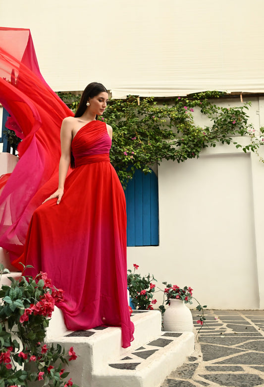 Red and Pink Ombre Prewedding Mega trail Gown