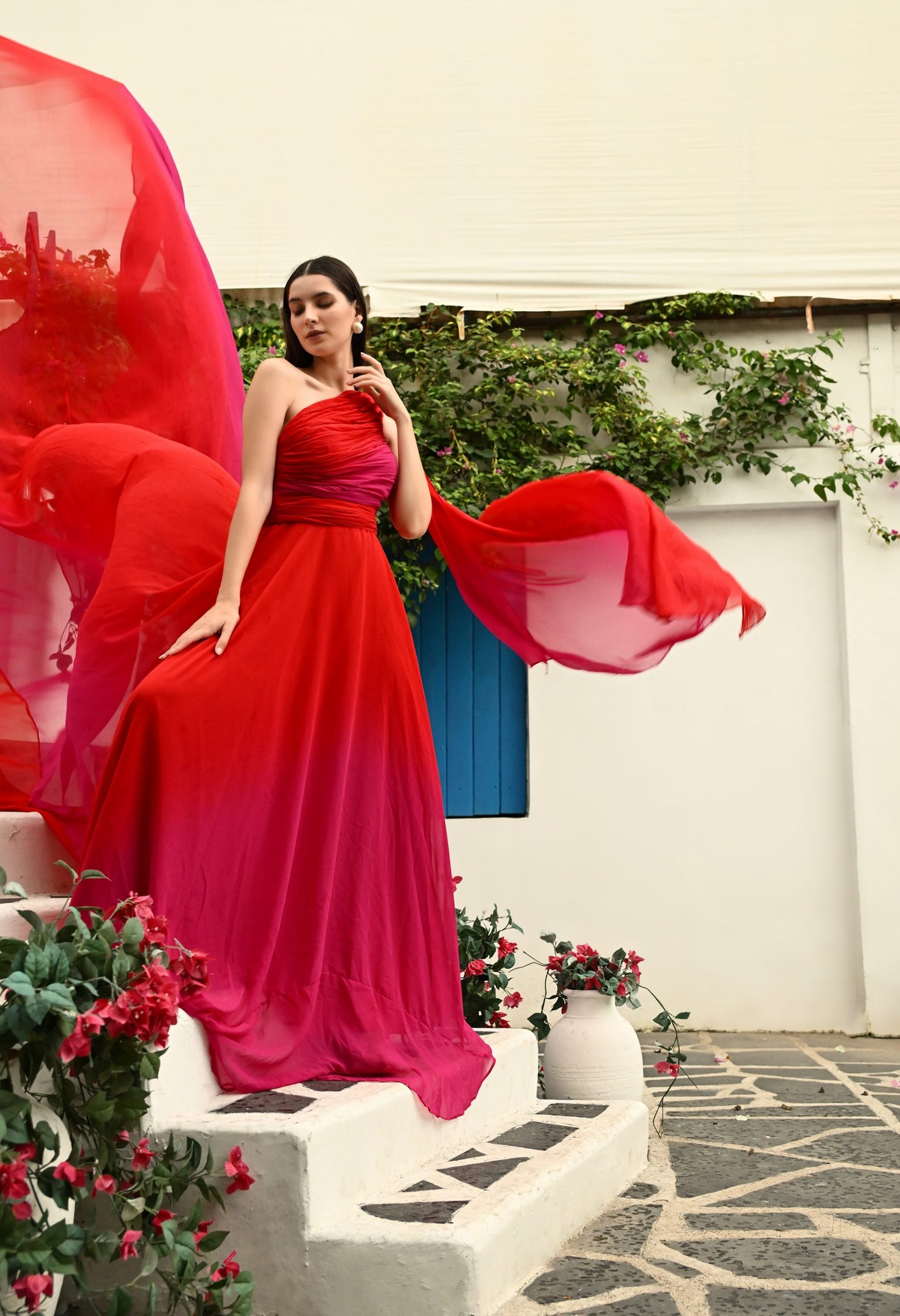Red and Pink Ombre Prewedding Mega trail Gown