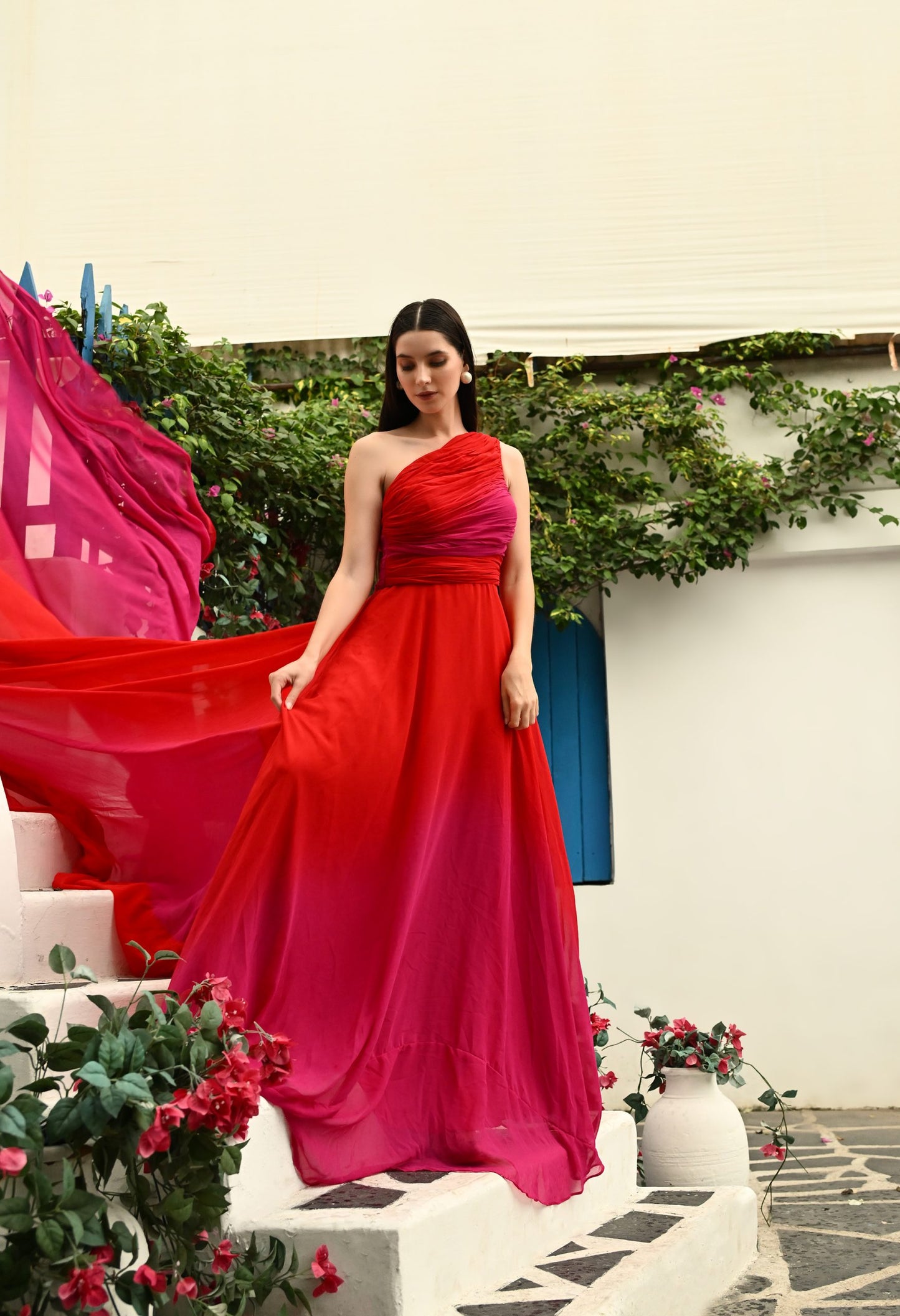 Red and Pink Ombre Prewedding Mega trail Gown