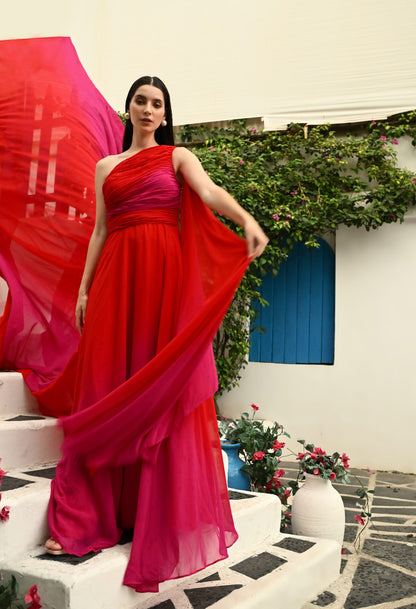 Red and Pink Ombre Prewedding Mega trail Gown