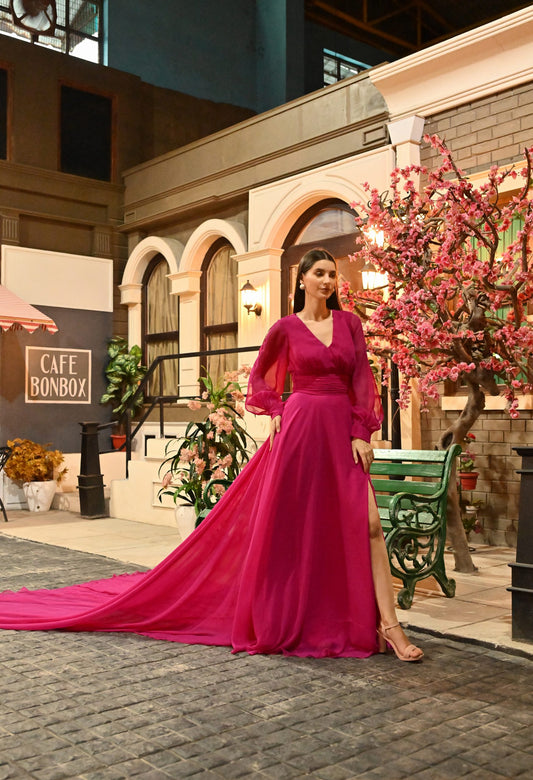 Queen Pink Double Drape Slit Mega Trail Prewedding Gown
