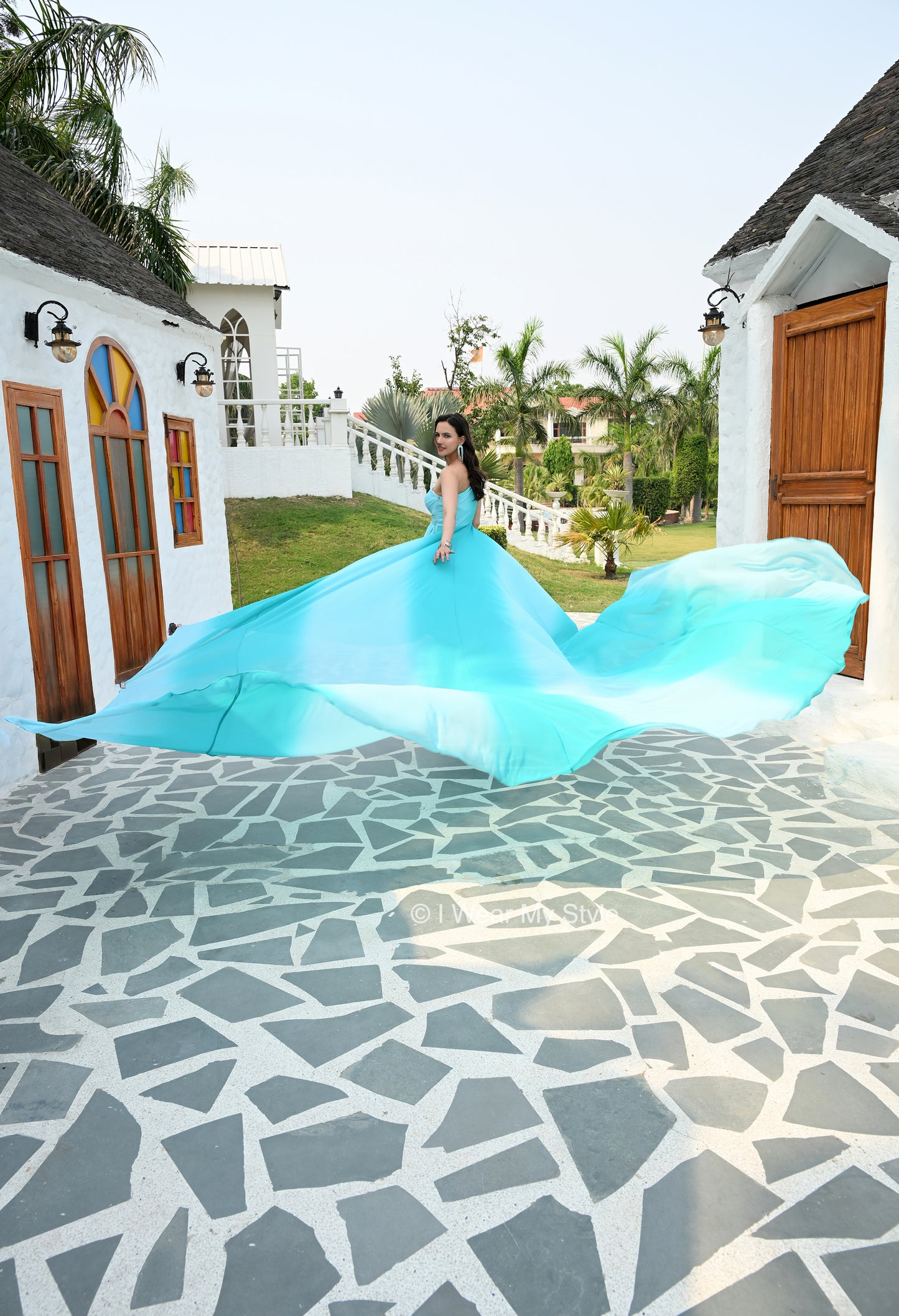 Turquoise Blue Ombre One Shoulder Celeste Prewedding Mega Trail Ensemble