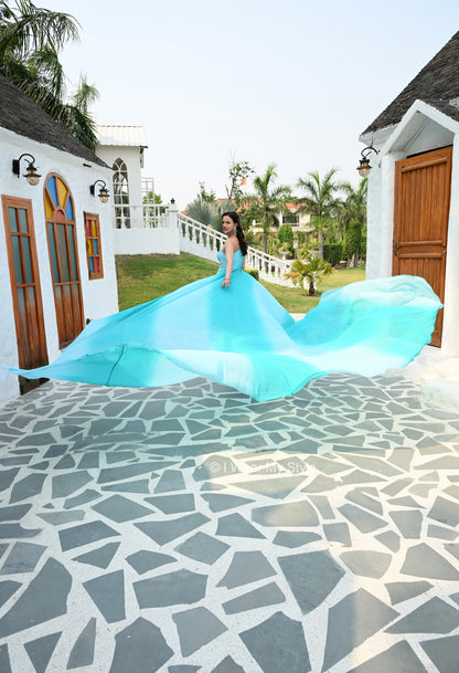 Turquoise Blue Ombre One Shoulder Celeste Prewedding Mega Trail Ensemble