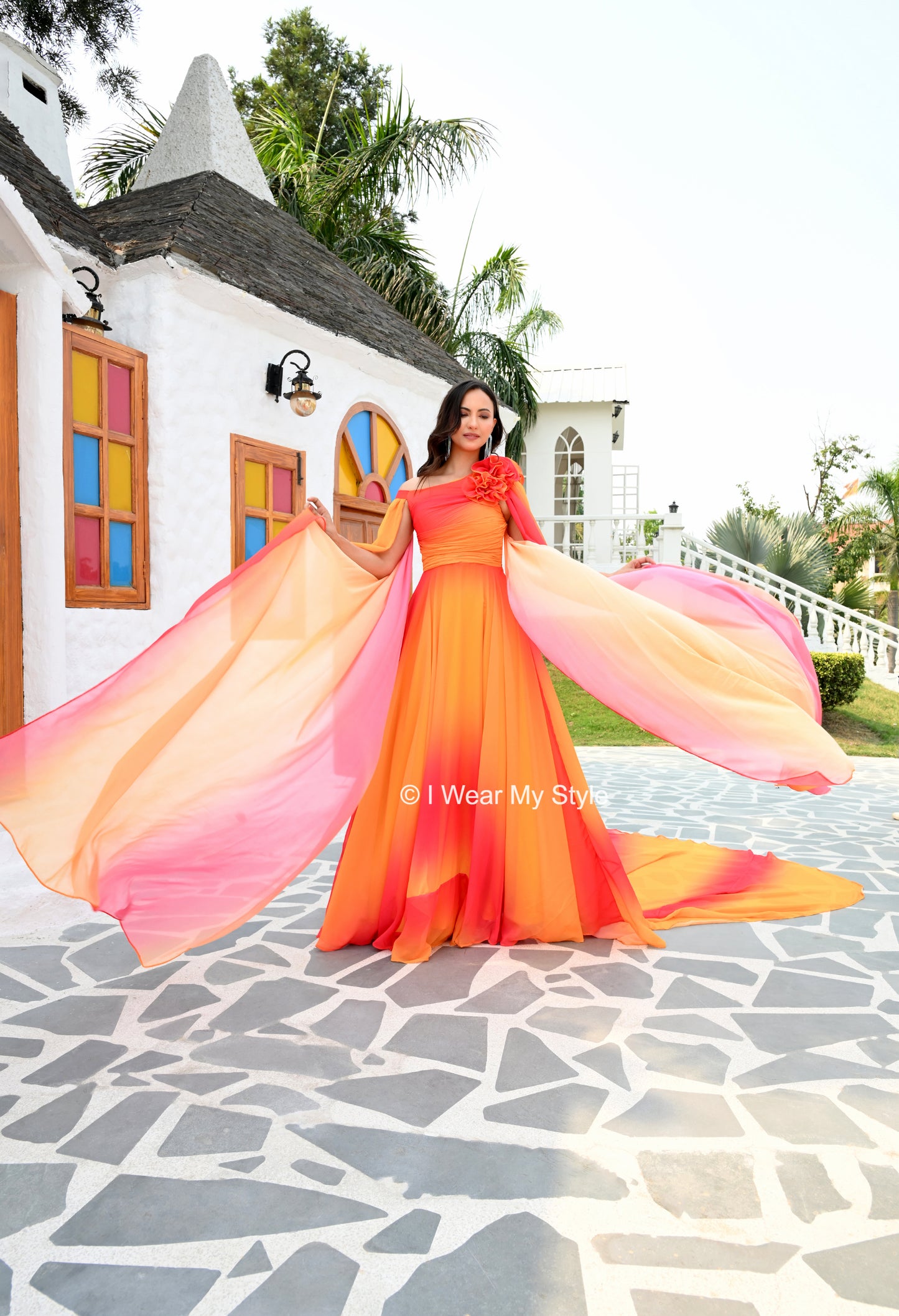 Fiery Ombre Dreamscape Prewedding Mega Trail Gown