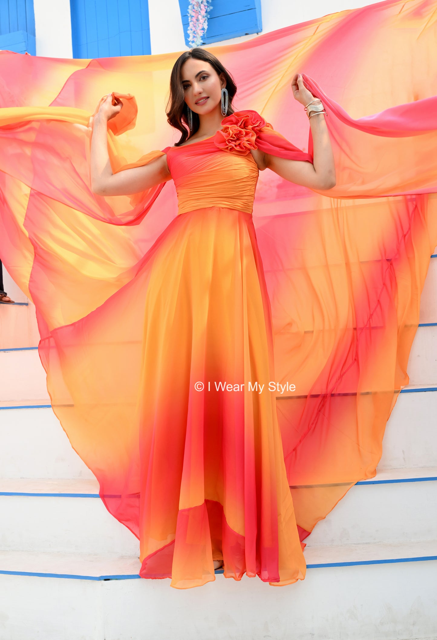 Fiery Ombre Dreamscape Prewedding Mega Trail Gown