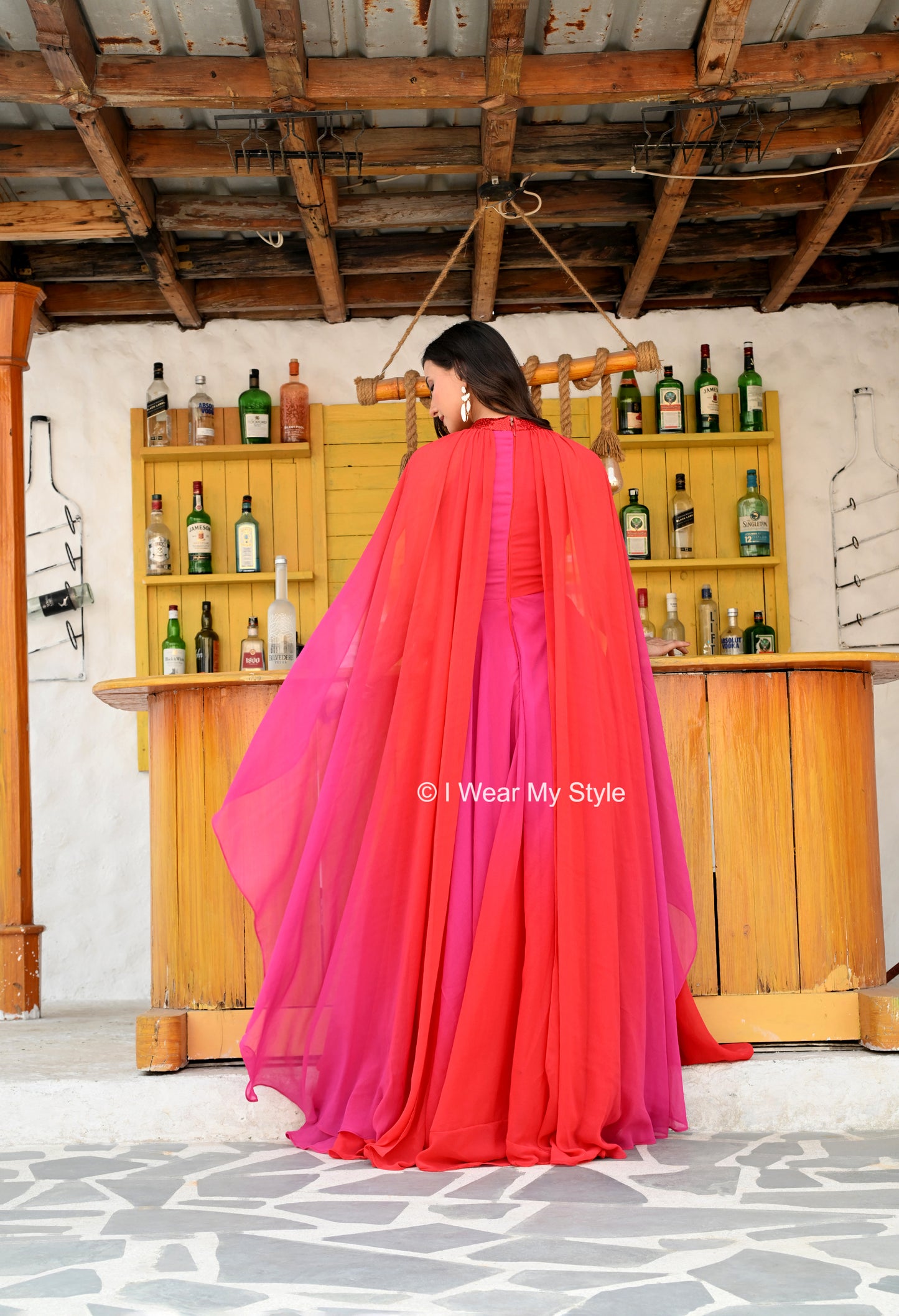 Red and Pink Ombre High Neck Ethereal Party Wear Cape Maxi Dress