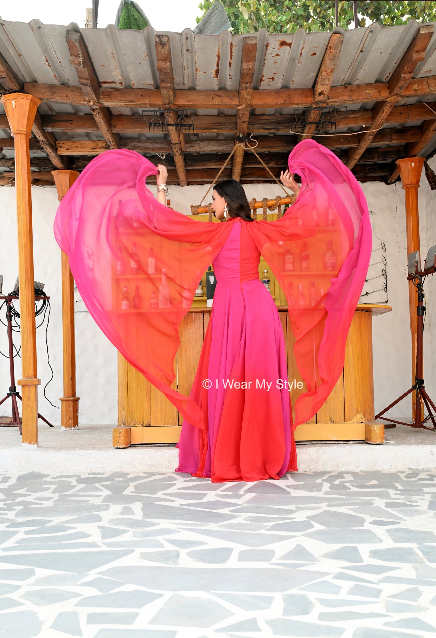 Red and Pink Ombre High Neck Ethereal Party Wear Cape Maxi Dress