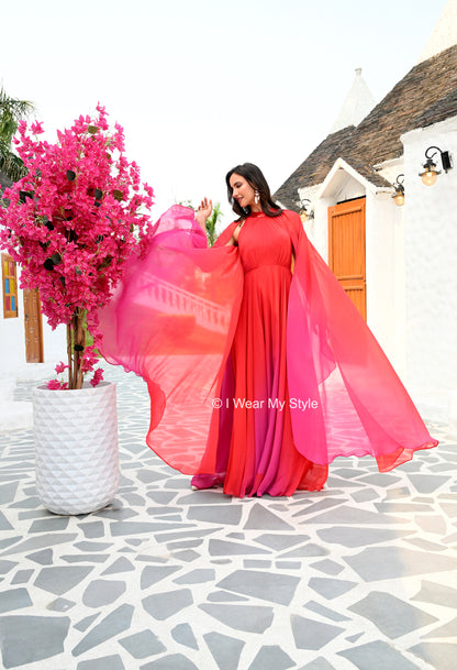 Red and Pink Ombre High Neck Ethereal Party Wear Cape Maxi Dress