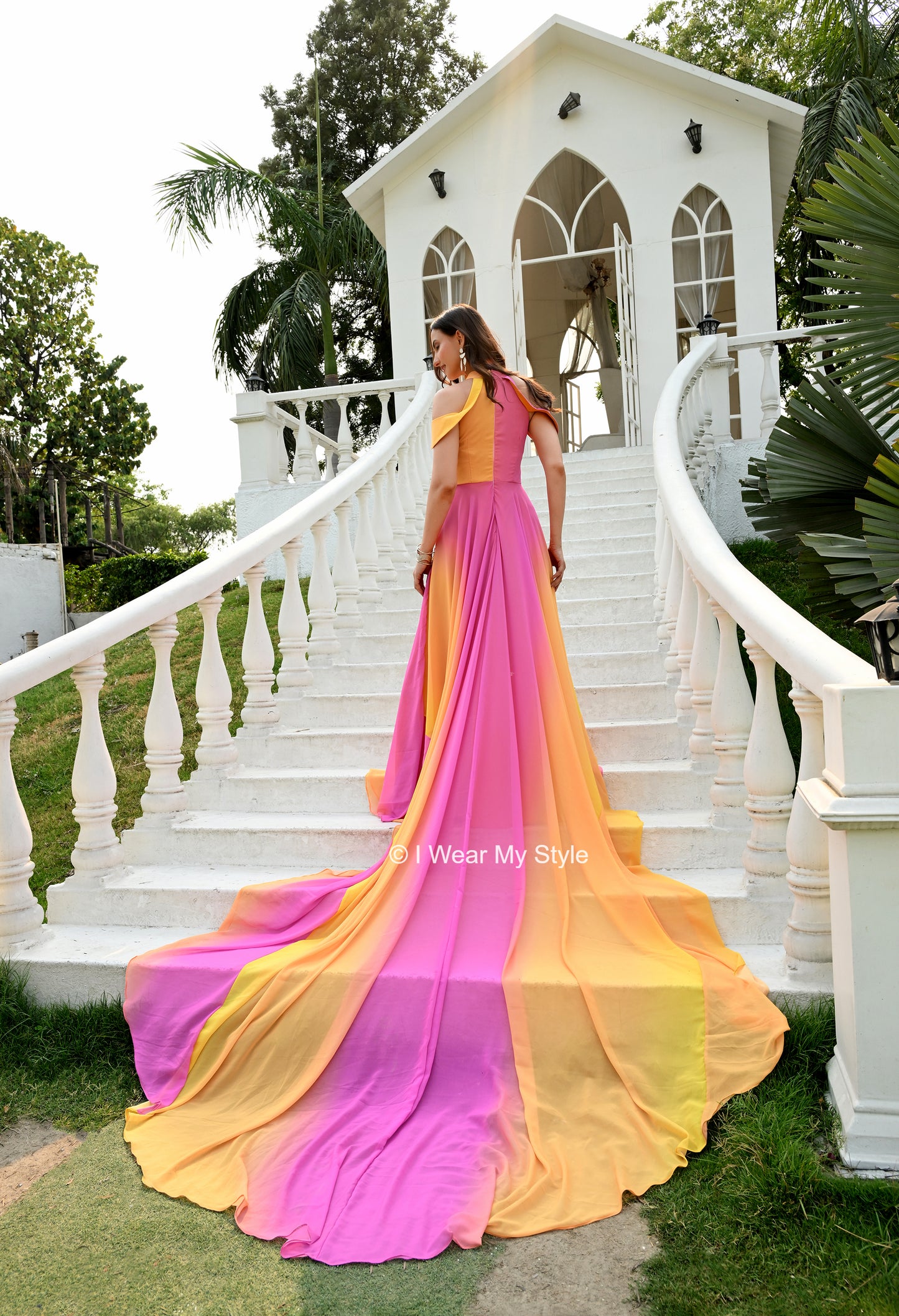 Rainbow Yellow and Pink Keyhole Celeste Mega Trail Prewedding Gown