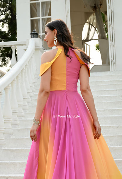 Rainbow Yellow and Pink Keyhole Celeste Mega Trail Prewedding Gown