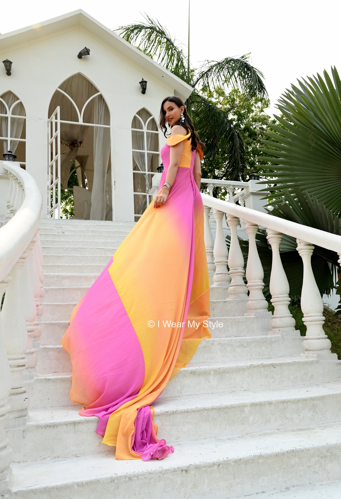 Rainbow Yellow and Pink Keyhole Celeste Mega Trail Prewedding Gown