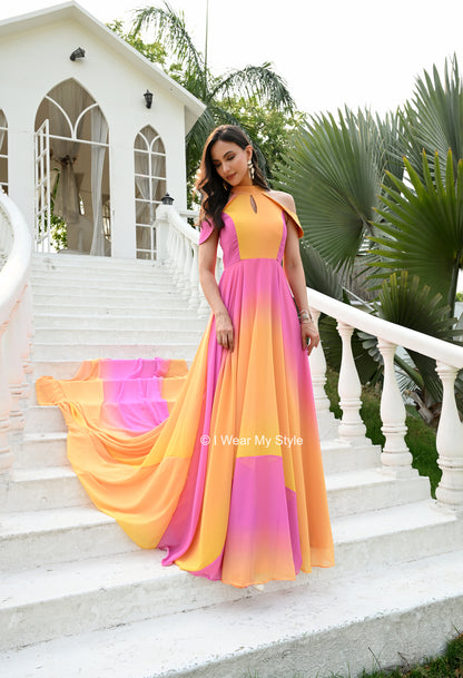 Rainbow Yellow and Pink Keyhole Celeste Mega Trail Prewedding Gown