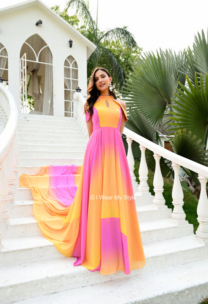 Rainbow Yellow and Pink Keyhole Celeste Mega Trail Prewedding Gown