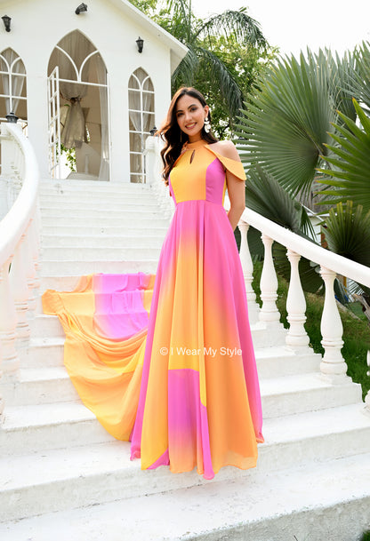Rainbow Yellow and Pink Keyhole Celeste Mega Trail Prewedding Gown