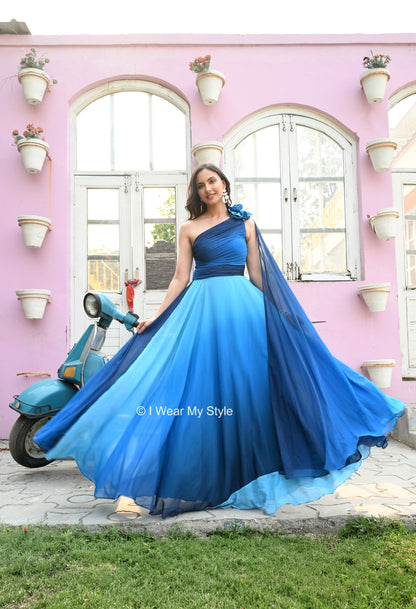 Midnight and Ocean blue Ombre One Shoulder Greek Isles Prewedding Dress
