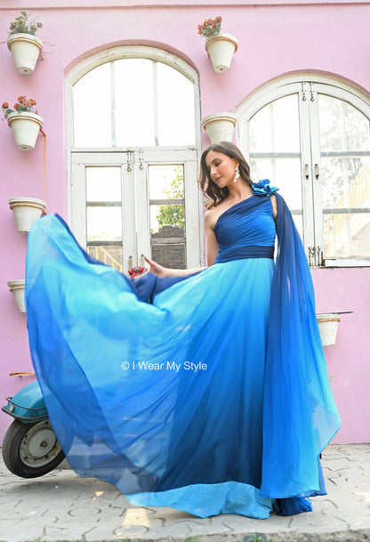 Midnight and Ocean blue Ombre One Shoulder Greek Isles Prewedding Dress