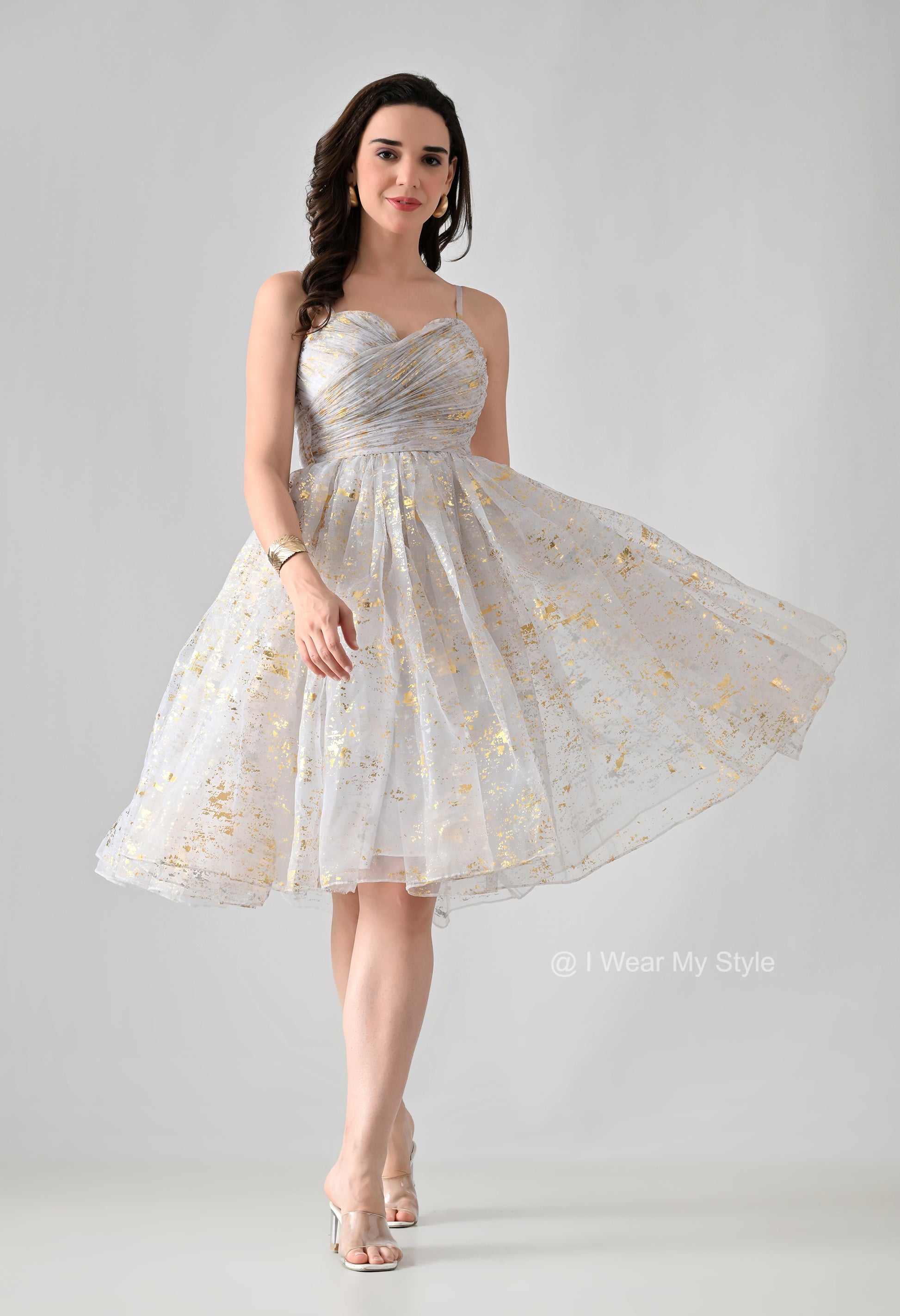White and Golden Organza Birthday Midi Dress iwearmystyle White and Golden Organza Birthday Midi Dress iwearmystyle
