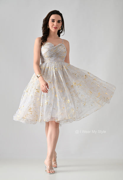 White and Golden Organza Birthday Midi Dress