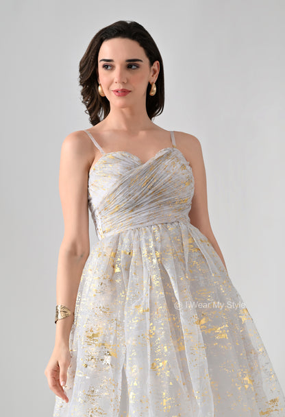 White and Golden Organza Birthday Midi Dress