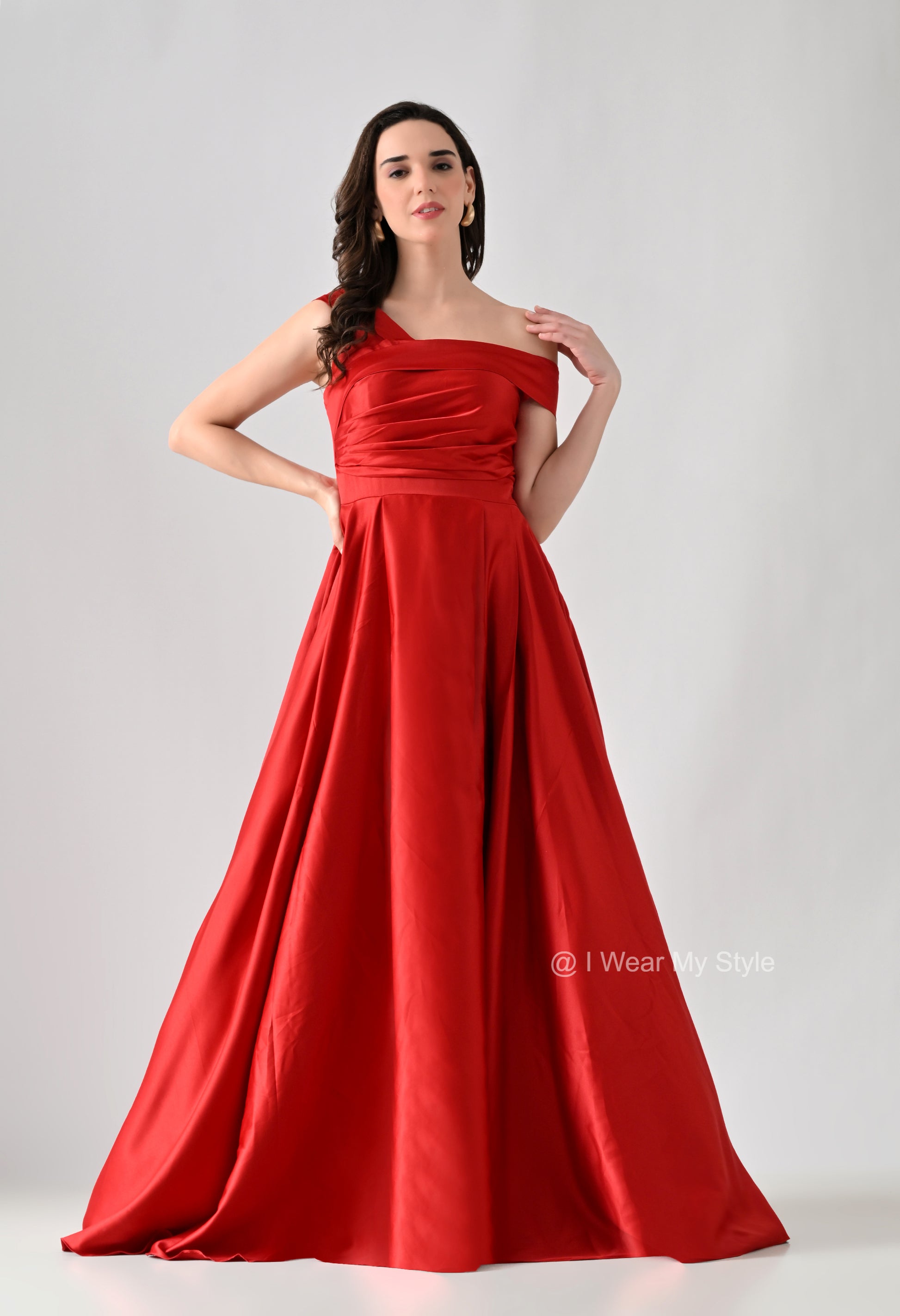 Magnolia Red Milano Satin Double Pleated Gown iwearmystyle Magnolia Red Milano Satin Double Pleated Gown iwearmystyle